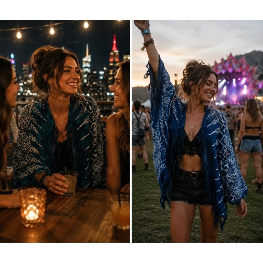 Wild Woman Chico CA Blue Batik Kimono Jacket Fringe Boho Festival Rayon One Size